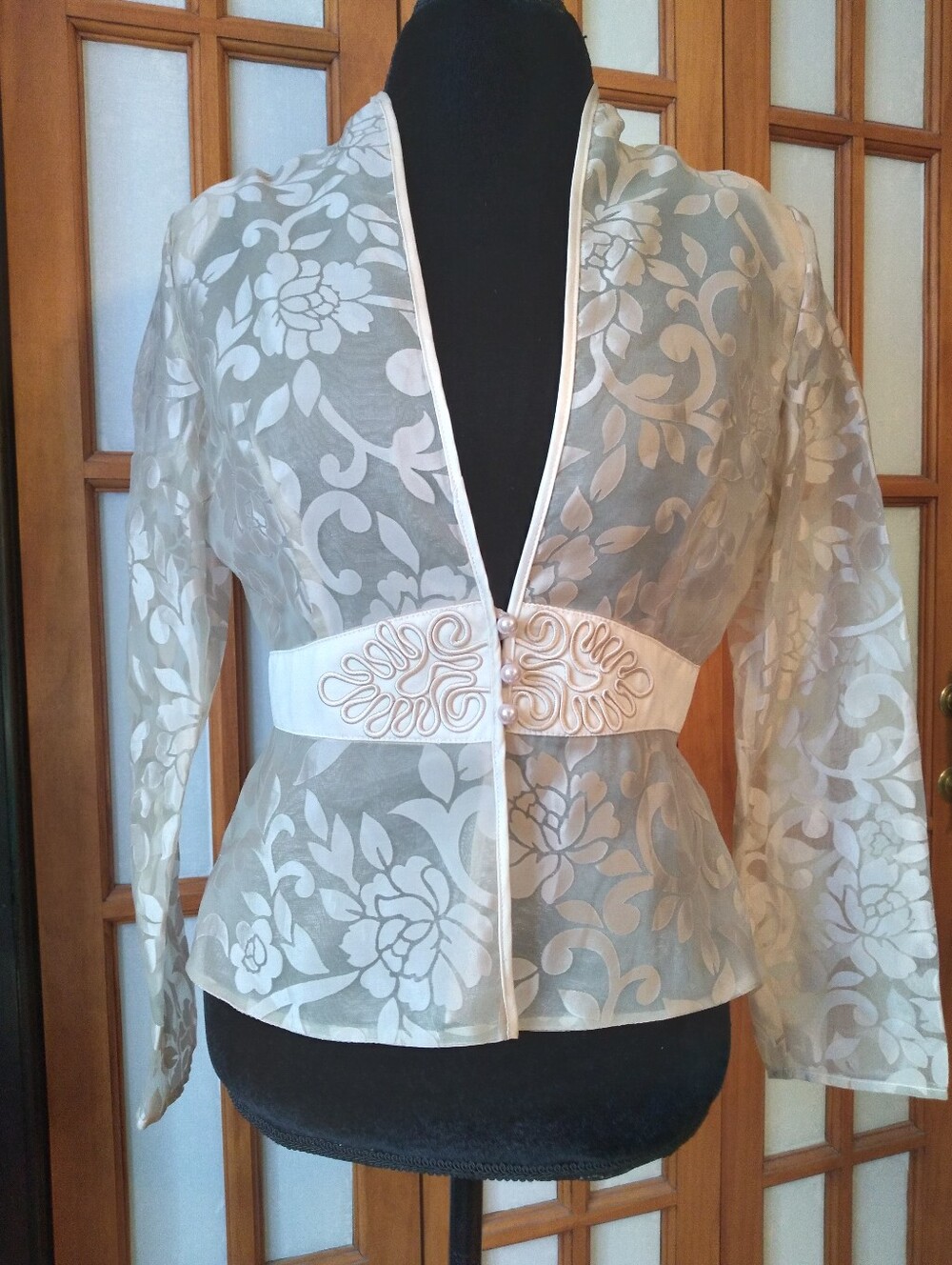 Women's Vintage Cream Sheer Floral Jacket With Pearl Buttons By Ever Beauty SzP8